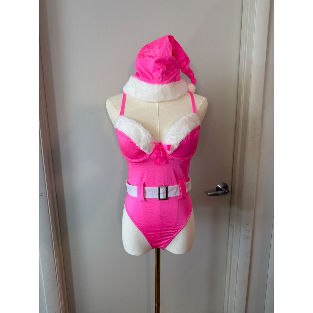 Fashion Nova “Santa Honey” Pink Holiday Bodysuit Set w/ Hat – Size S/M